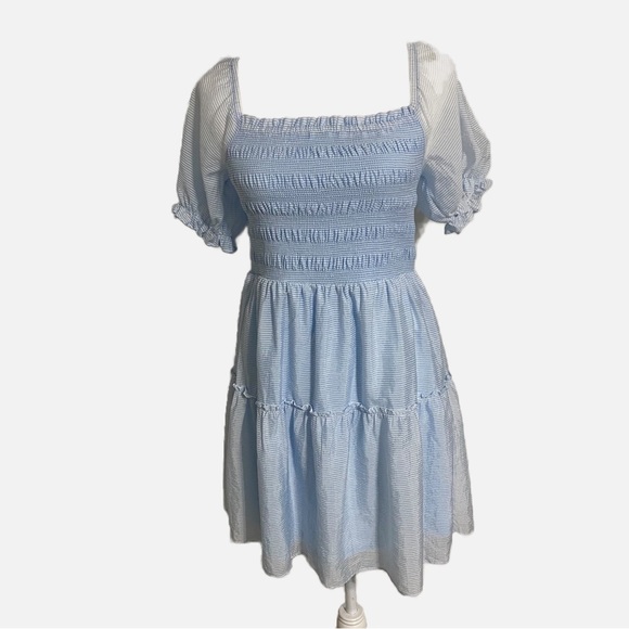 SHE & SKY Baby Blue Off the Shoulder Dress Casual Peasant Boho Size Large - Picture 1 of 10